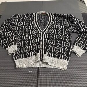 Oakton Limited 2XL Vintage Geometric Diamond Knit Cardigan Sweater Black White